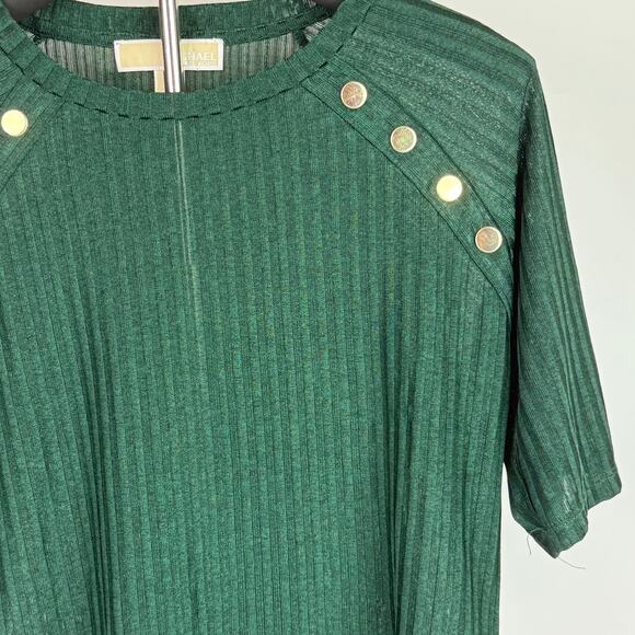Michael Kors Women's Size S Short Sleeve Shirt Gold Button Ribbed Emerald Green - Picture 3 of 16
